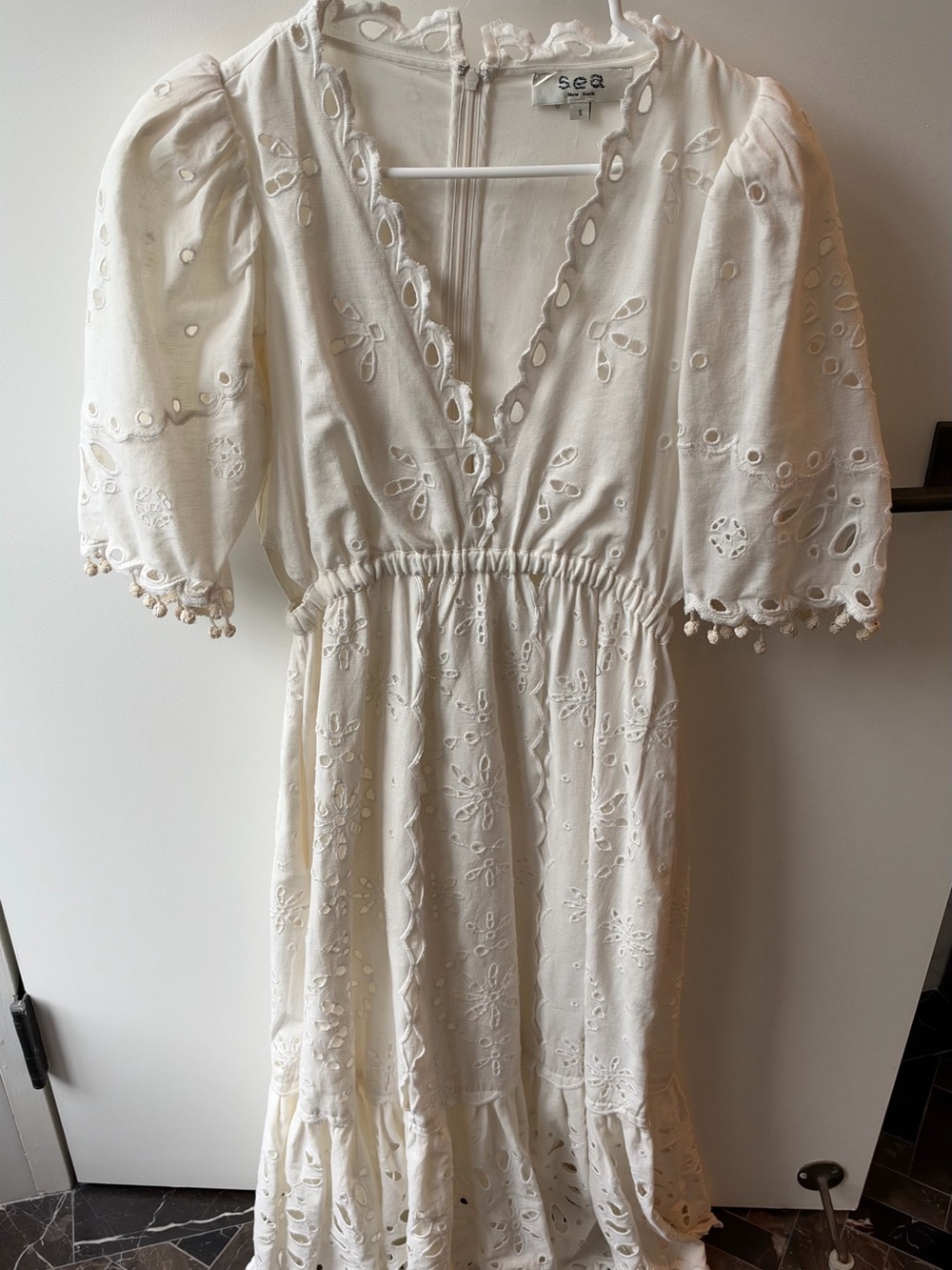 Sea New York Cream Cotton Eyelet Midi Dress with Puff Sleeves